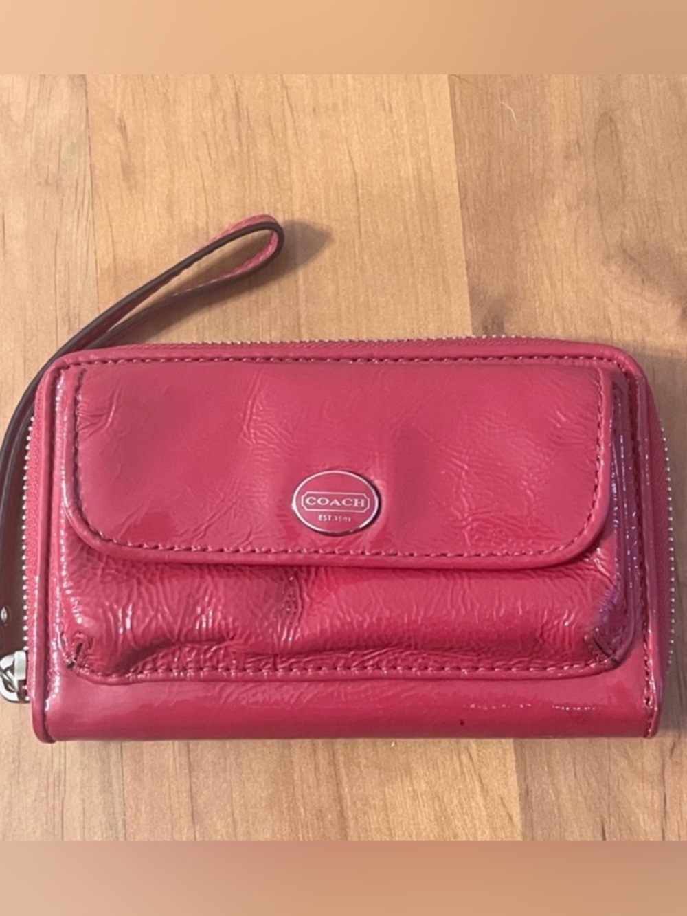 Coach Raspberry patent Leather Wristlet Wallet with snap front pocket!
